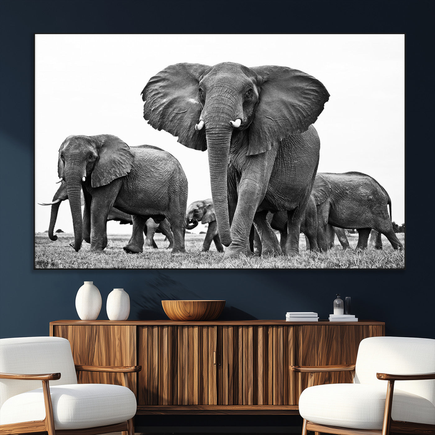 91685-SEG-FC-51X34_Oversize_Oversize-Elephant Herd Wall Art – Black and White Safari Canvas Print, African Wildlife Photography Decor for Living Room, Office or