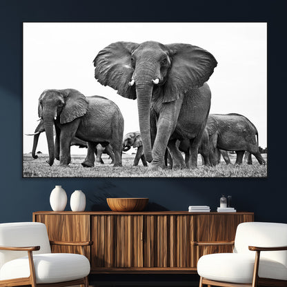 91685-SEG-FC-51X34_Oversize_Oversize-Elephant Herd Wall Art – Black and White Safari Canvas Print, African Wildlife Photography Decor for Living Room, Office or