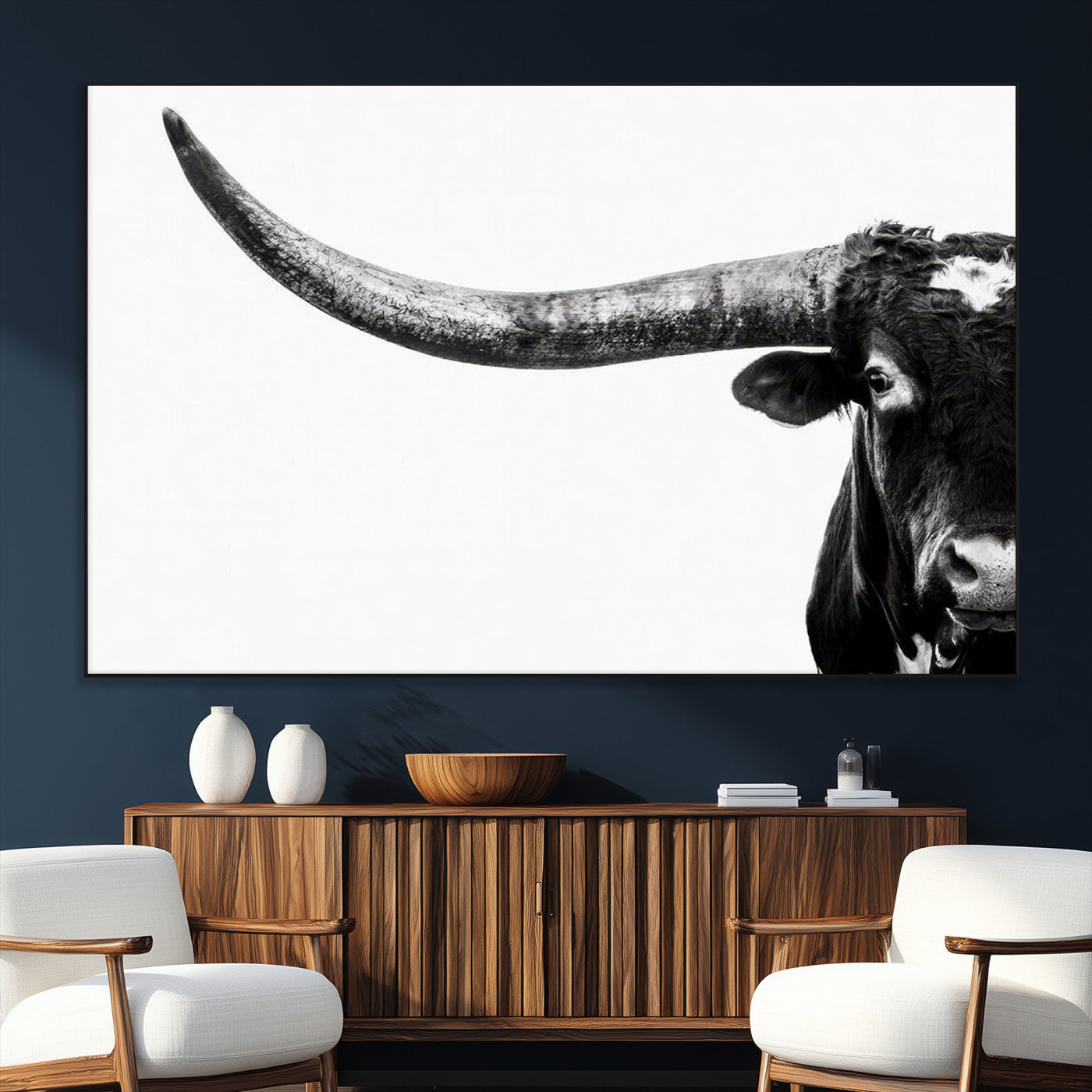31699-MGV-CV-36X24-Longhorn Wall Art – Black and White Texas Longhorn Cow Canvas Print, Rustic Western Farmhouse Artwork for Living Room, Bedroom or