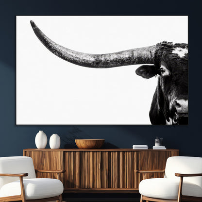 31699-MGV-CV-36X24-Longhorn Wall Art – Black and White Texas Longhorn Cow Canvas Print, Rustic Western Farmhouse Artwork for Living Room, Bedroom or