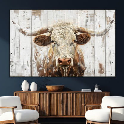 71551-SEG-FC-51X34_Oversize_Oversize-Longhorn Bull Wall Art – Rustic Western Cow Canvas Print, Farmhouse Animal Painting with Wood Plank Style for Living Room, Office