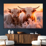 68253-MGV-CV-36X24-Highland Cow Wall Art – Rustic Farmhouse Cattle Canvas Print, Frosty Sunset Animal Artwork for Living Room, Bedroom or Country