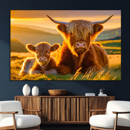 20567-SEG-FC-51X34_Oversize_Oversize-Highland Cow and Calf Wall Art – Rustic Farmhouse Sunset Cattle Canvas Print, Country Animal Artwork for Living Room, Bedroom, or