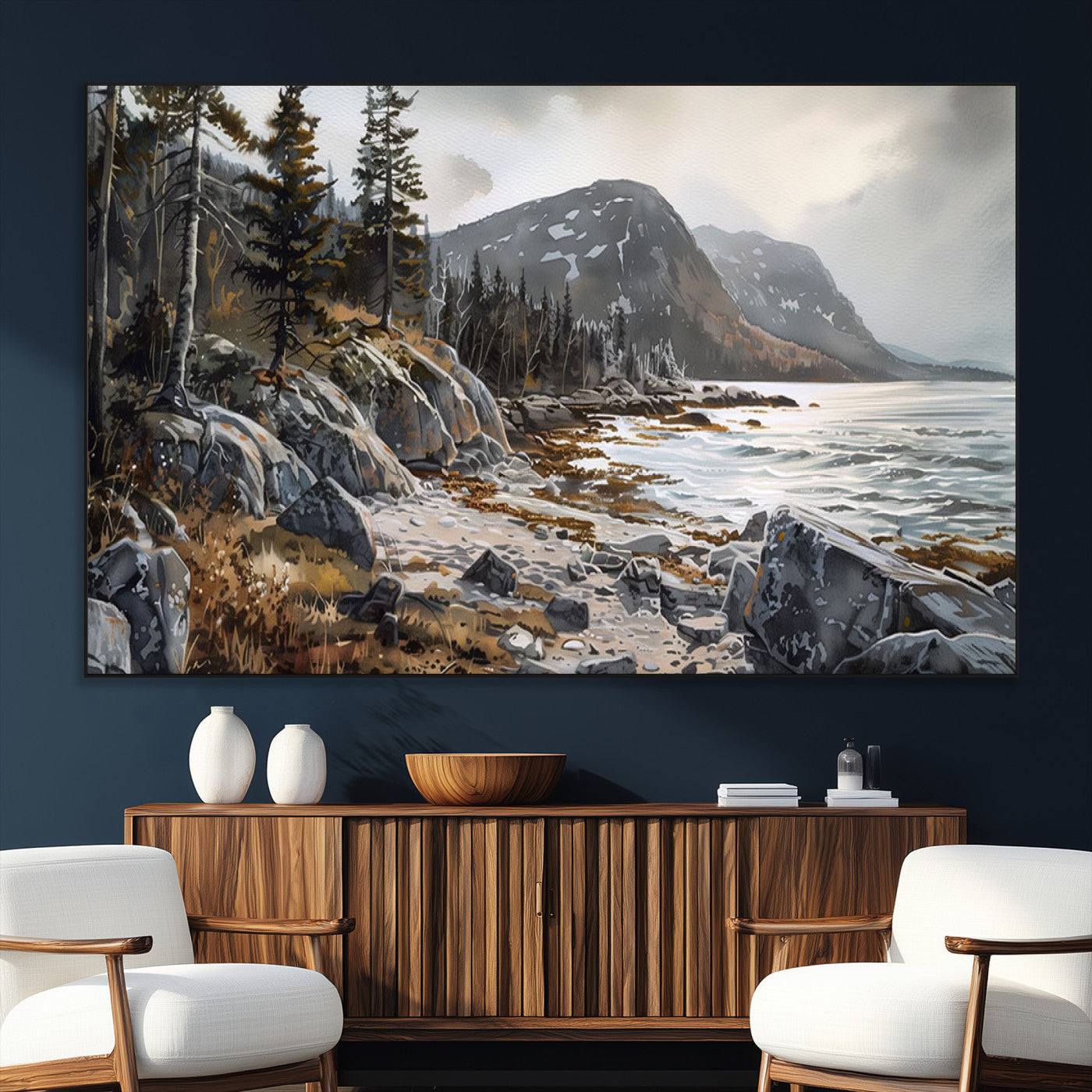 41281-MGV-CV-36X24-Rocky Shoreline Wall Art – Panoramic Mountain Coast and Forest Canvas Print, Rustic Nature Landscape Decor for Cabin, Lodge, or