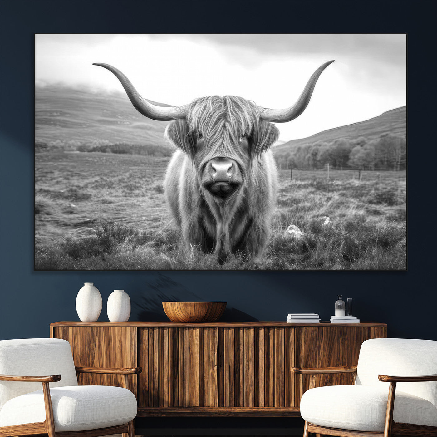 52903-MGV-CV-36X24-Highland Cow Wall Art – Black and White Canvas Print Rustic Cattle Portrait, Farmhouse Country Decor for Living Room, Office,