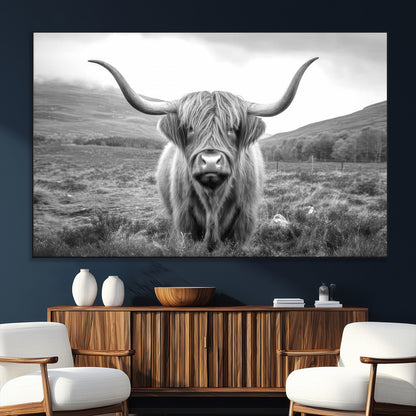 52903-MGV-CV-36X24-Highland Cow Wall Art – Black and White Canvas Print Rustic Cattle Portrait, Farmhouse Country Decor for Living Room, Office,