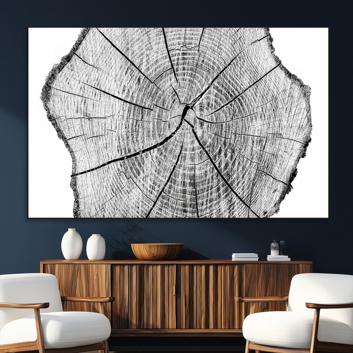 98709-MGV-CV-36X24-Tree Ring Wall Art – Black and White Canvas Print Rustic Wood Cross Section, Minimal Nature Inspired Decor for Living Room,