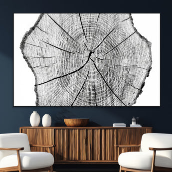 98709-MGV-CV-36X24-Tree Ring Wall Art – Black and White Canvas Print Rustic Wood Cross Section, Minimal Nature Inspired Decor for Living Room,