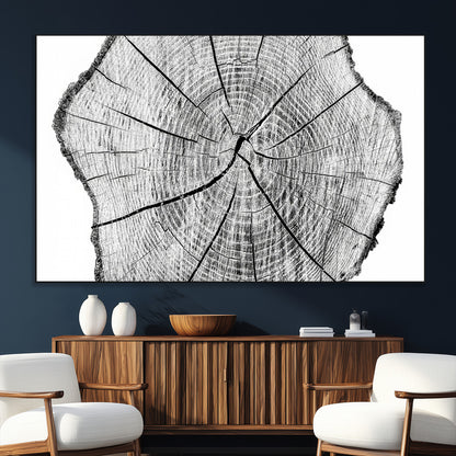 98709-MGV-CV-36X24-Tree Ring Wall Art – Black and White Canvas Print Rustic Wood Cross Section, Minimal Nature Inspired Decor for Living Room,