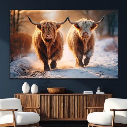 94810-SEG-FC-51X34_Oversize_Oversize-Highland Cow Wall Art – Rustic Canvas Print Two Cattle Snow Path Sunset, Farmhouse Country Decor for Living Room, Bedroom, Office,