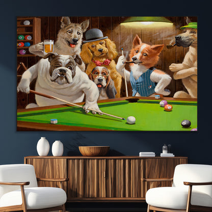 34228-MGV-CV-36X24-Dogs Playing Pool Wall Art Canvas Print, Framed Funny Dog Art Picture Print, Dog Perfect Game Room Decor Artwork
