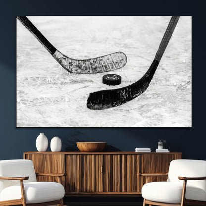 82900-SEG-FC-51X34_Oversize_Oversize-Hockey Wall Art – Black and White Canvas Print Ice Rink Sticks Puck Sports Photography, Modern Decor for Game Room, Man Cave,