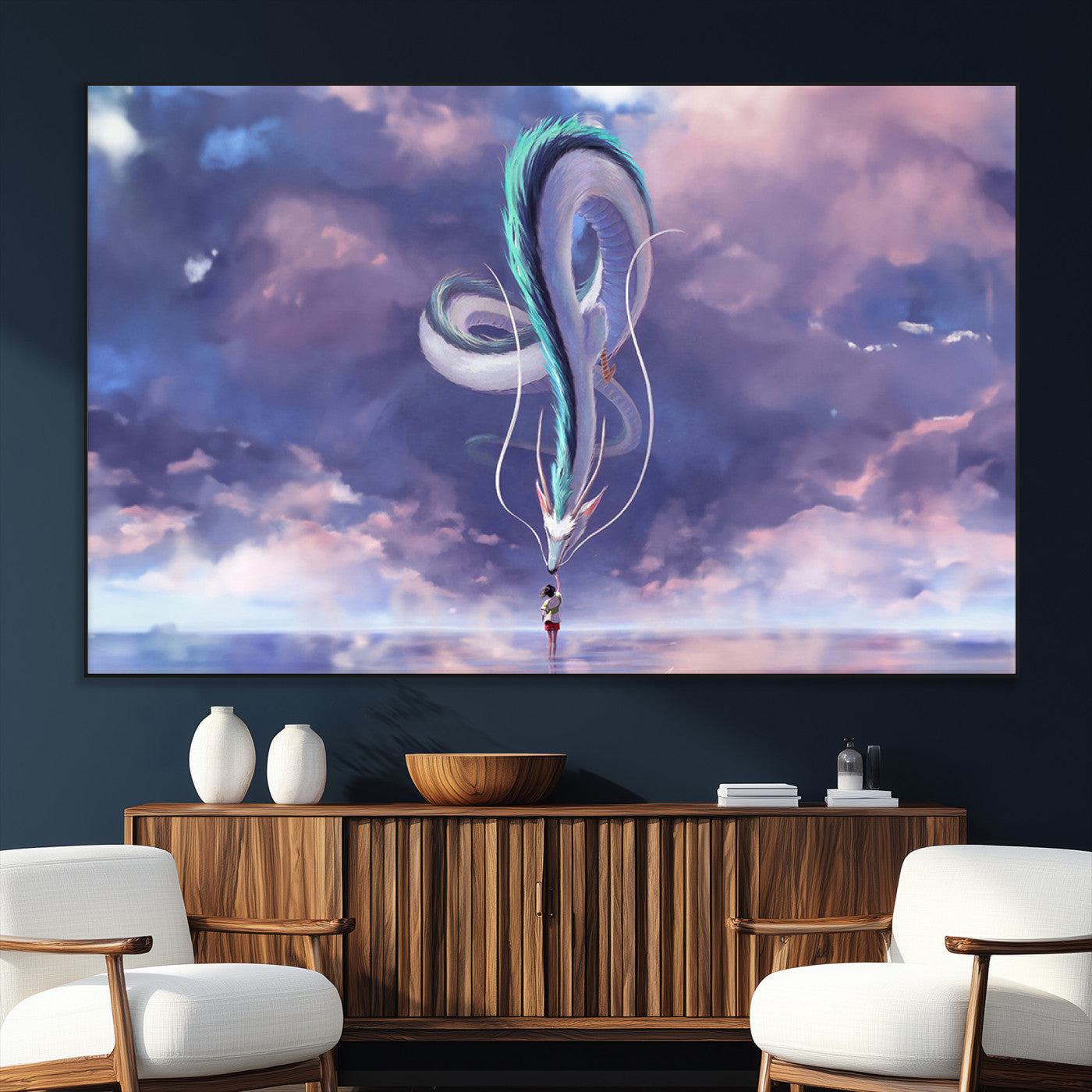 66864-MGV-CV-36X24-Fantasy Dragon Wall Art – Mystical Canvas Print Girl and Sky Serpent Dreamlike Clouds, Magical Anime Inspired Decor for Living
