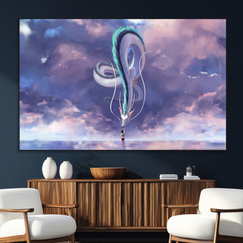 66864-MGV-CV-36X24-Fantasy Dragon Wall Art – Mystical Canvas Print Girl and Sky Serpent Dreamlike Clouds, Magical Anime Inspired Decor for Living