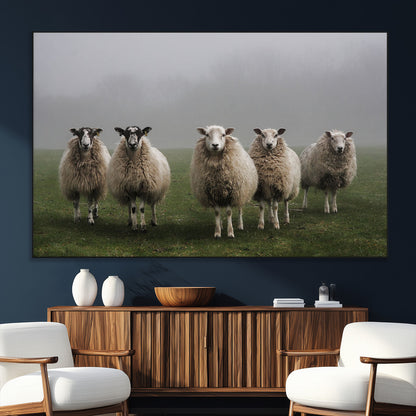87339-MGV-CV-36X24-Sheep Wall Art – Rustic Farmhouse Canvas Print Flock Standing Misty Field Countryside Photography, Country Animal Decor for Living