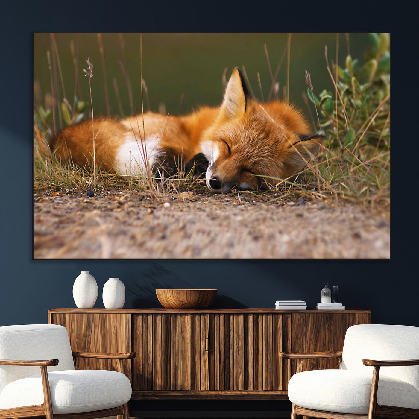 25085-SEG-FC-51X34_Oversize_Oversize-Sleeping Fox Wall Art Canvas Print, Framed Rustic Fox Art Picture Print, Wildlife Animal Perfect Rustic Farmhouse Decor Artwork