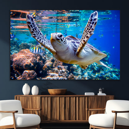 12683-SEG-FC-51X34_Oversize_Oversize-Sea Turtle Wall Art – Graceful Ocean Canvas Print with Coral Reef and Tropical Fish, Coastal Marine Life Decor for Beach House,