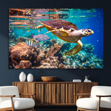 66614-MGV-CV-36X24-Sea Turtle Wall Art – Hawksbill Turtle Swimming Over Coral Reef Canvas Print, Ocean Marine Life Decor for Beach House, Coastal