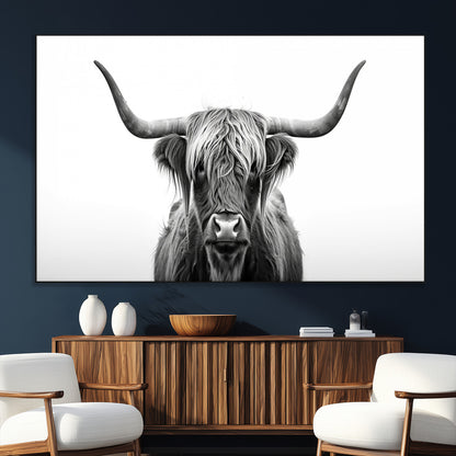 49556-SEG-FC-51X34_Oversize_Oversize-Highland Cow Wall Art – Black and White Scottish Highland Cattle Print, Rustic Farmhouse Minimalist Animal Portrait Canvas for