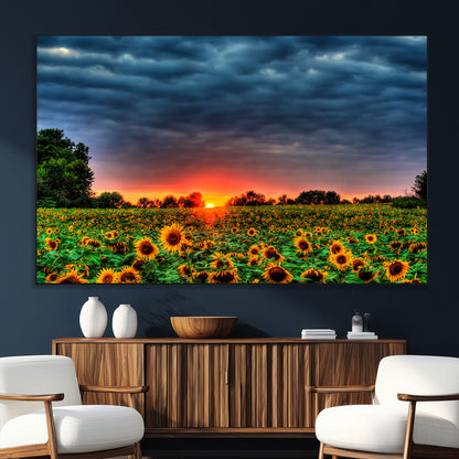 45045-SEG-FC-51X34_Oversize_Oversize-Sunflower Field Sunset Wall Art – Dramatic Stormy Sky Landscape Print, Vibrant Yellow Floral Nature Canvas for Living Room,