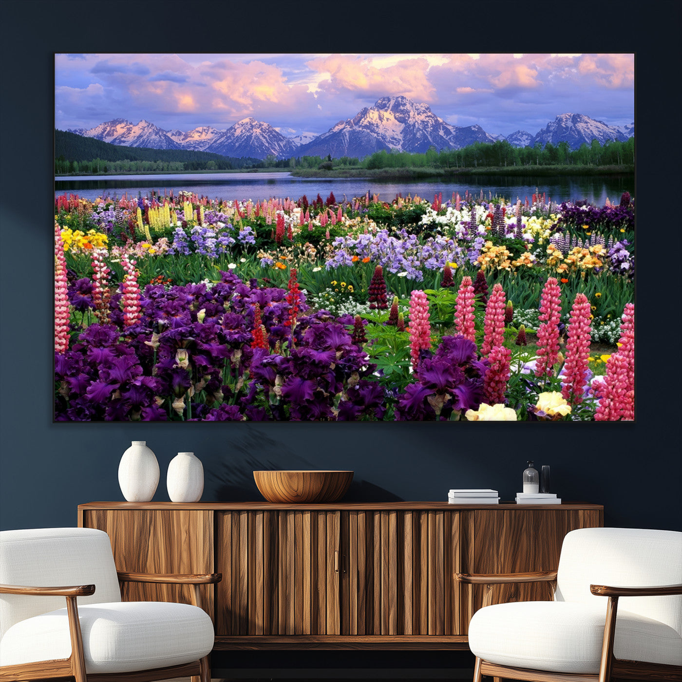 82270-MGV-CV-36X24-Colorful Wildflower Meadow Landscape Wall Art – Snow-Capped Mountain Lake Sunset Print, Vibrant Nature Artwork for Living Room,
