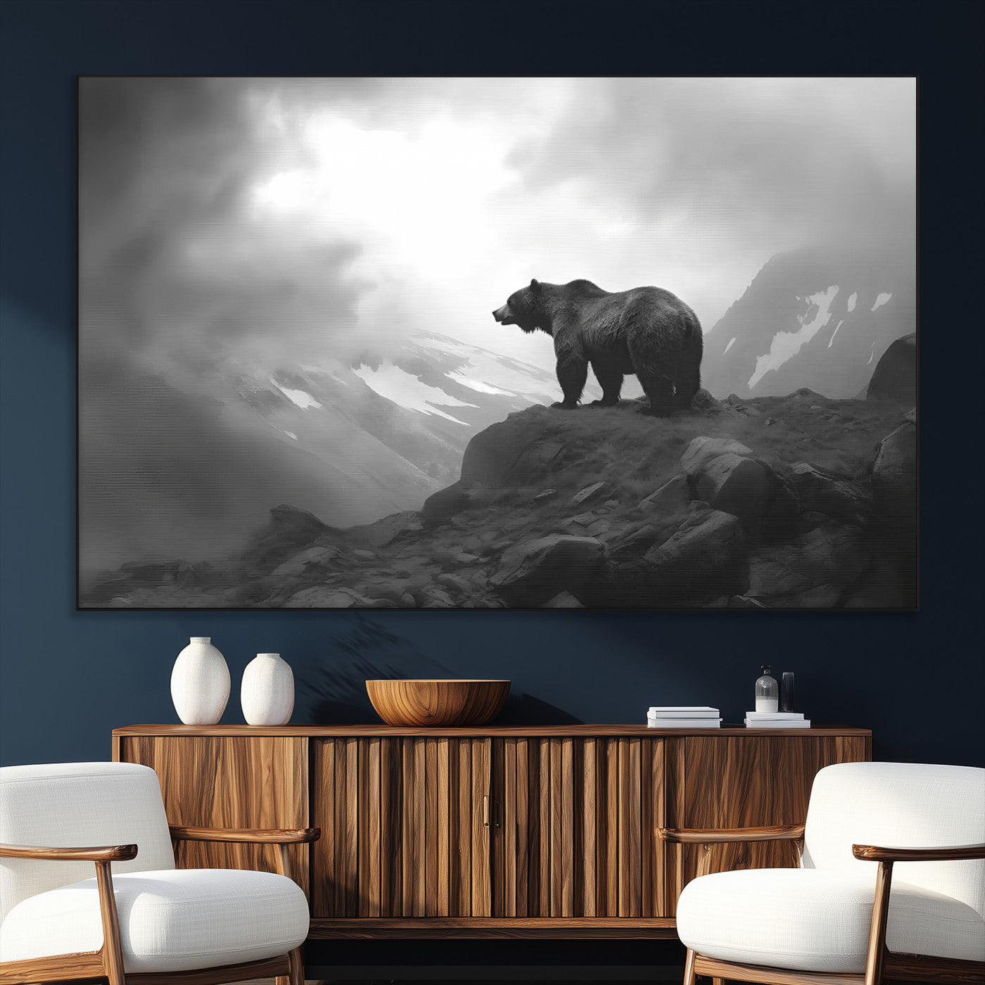 49504-SEG-FC-51X34_Oversize_Oversize-Black and White Grizzly Bear Wall Art – Wilderness Wildlife Painting, Rustic Mountain Cabin Decor, Monochrome Animal Print for