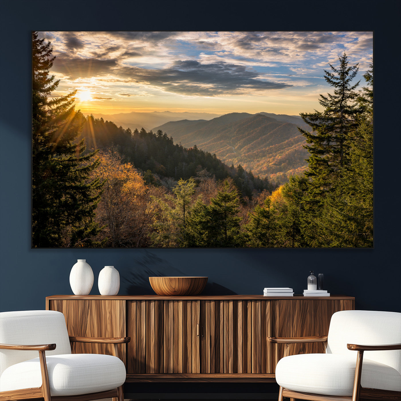 73692479-SEG-FC-51X34_Oversize_Oversize-Smoky Mountains Wall Art Canvas Print, Framed Forest Mountain Art Picture Print, Spring Mountain Perfect Spring Style Decor