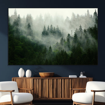 167720496-SEG-FC-51X34_Oversize_Oversize-Misty Forest Wall Art – Serene Evergreen Trees Canvas Print, Foggy Mountain Nature Landscape Decor for Bedroom, Living Room or