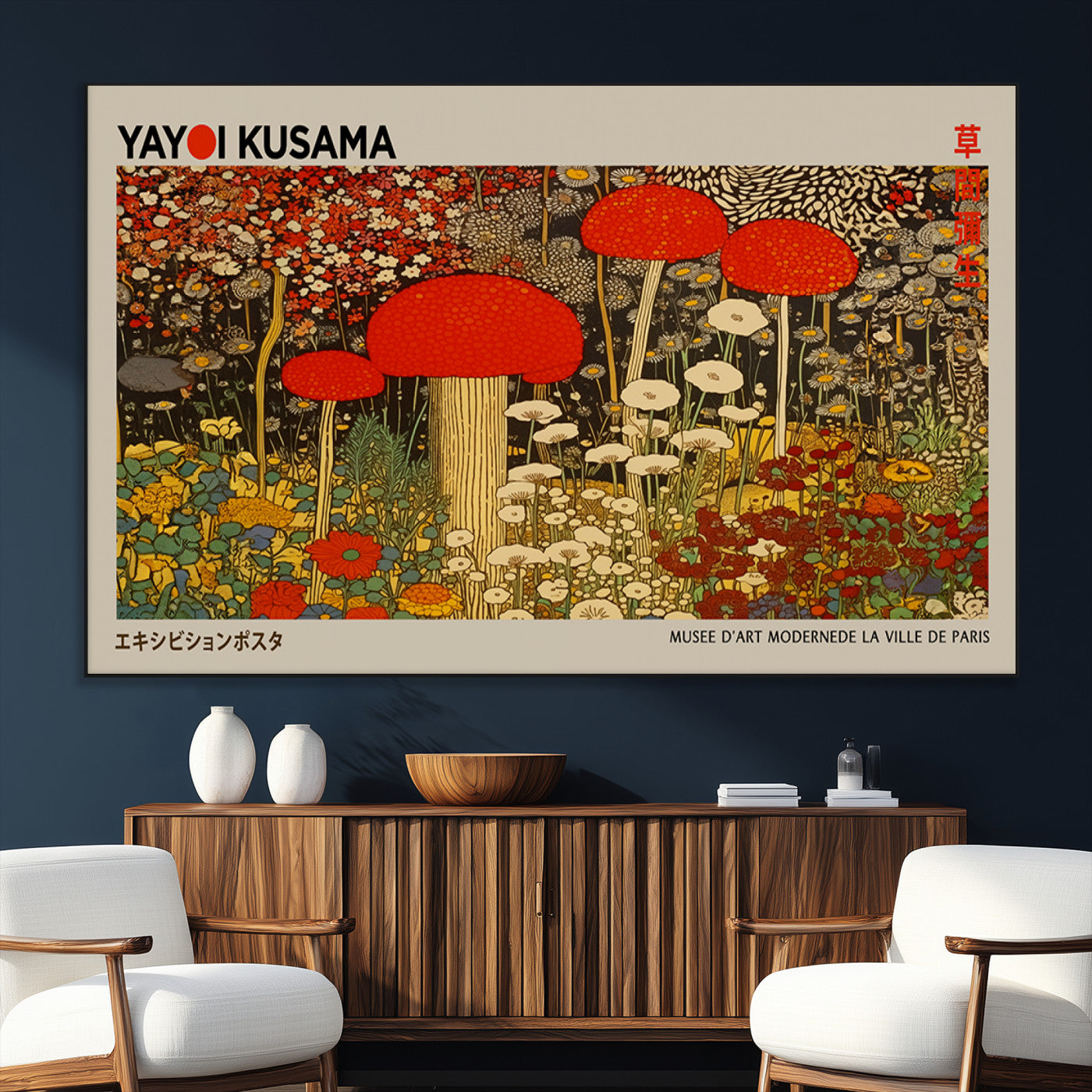 38013-MGV-CV-36X24-Yayoi Kusama Inspired Mushroom Garden Wall Art – Whimsical Botanical Canvas Print, Surreal Nature Poster, Fantasy Floral Artwork