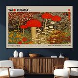 38013-MGV-CV-36X24-Yayoi Kusama Inspired Mushroom Garden Wall Art – Whimsical Botanical Canvas Print, Surreal Nature Poster, Fantasy Floral Artwork
