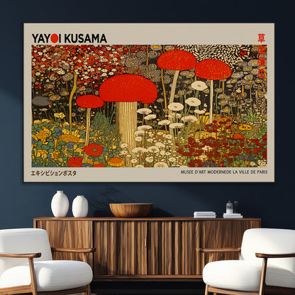 38013-MGV-CV-36X24-Yayoi Kusama Inspired Mushroom Garden Wall Art – Whimsical Botanical Canvas Print, Surreal Nature Poster, Fantasy Floral Artwork