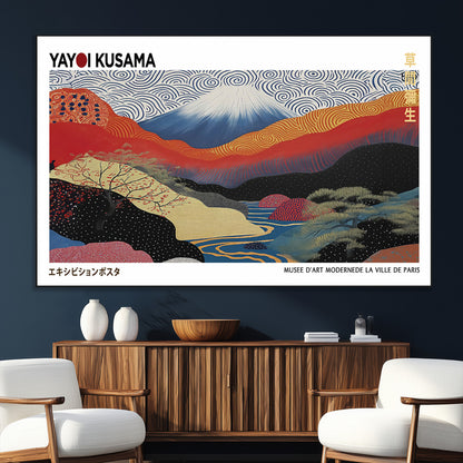 14839-SEG-FC-51X34_Oversize_Oversize-Yayoi Kusama Wall Art – Panoramic Mountain & River Canvas Print, Modern Abstract Japanese Landscape Decor for Living Room or