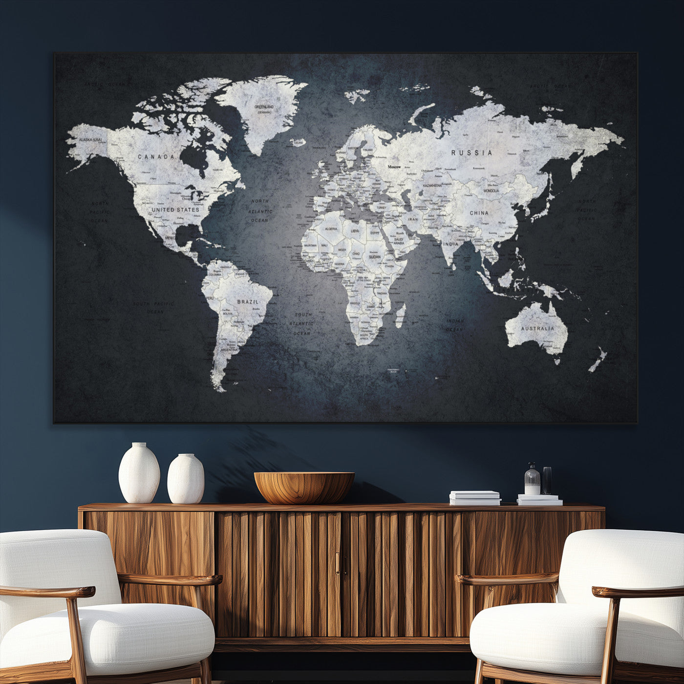 19124-SEG-FC-51X34_Oversize_Oversize-Modern World Map Wall Art – Black and White Canvas Print, Minimalist Global Map Decor for Office, Study, Bedroom or Living Room
