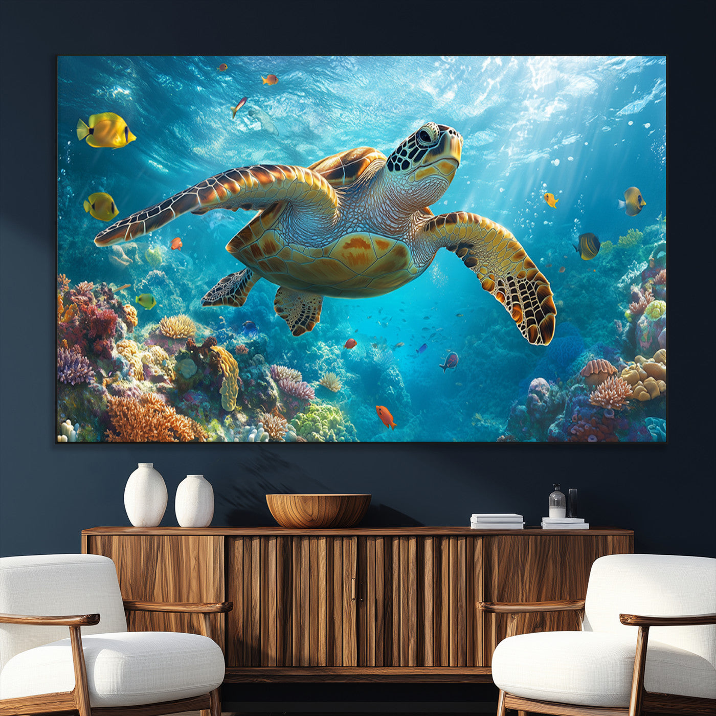 37623-SEG-FC-51X34_Oversize_Oversize-Sea Turtle Wall Art – Underwater Ocean Canvas Print with Coral Reef and Tropical Fish, Marine Life Painting Poster for Living