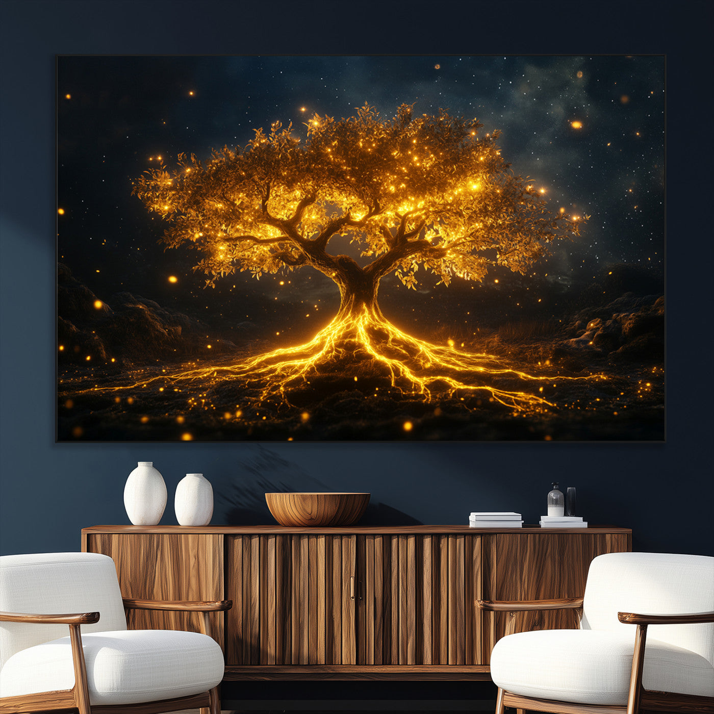 60194-SEG-FC-51X34_Oversize_Oversize-Glowing Tree Wall Art – Golden Roots Fantasy Canvas Print, Mystical Illuminated Tree Painting Poster for Living Room, Bedroom,
