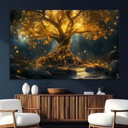92739-SEG-FC-51X34_Oversize_Oversize-Glowing Tree Wall Art – Enchanted Golden Forest Canvas Print, Mystical Illuminated Nature Painting Poster for Living Room,