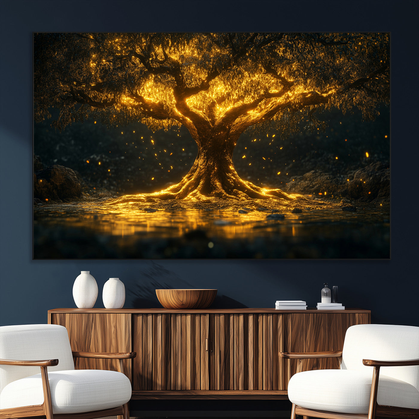 59580-SEG-FC-51X34_Oversize_Oversize-Glowing Tree Wall Art – Golden Fantasy Nature Canvas Print, Mystical Illuminated Tree Painting Poster for Living Room, Bedroom,