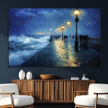 76572-SEG-FC-51X34_Oversize_Oversize-Stormy Night Pier Wall Art – Ocean Waves and Street Lamps Canvas Print, Rainy Seascape Oil Painting Poster for Living Room,