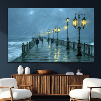 79606-SEG-FC-51X34_Oversize_Oversize-Rainy Pier Night Wall Art – Ocean Waves and Street Lamps Canvas Print, Moody Seascape Oil Painting Poster for Living Room,