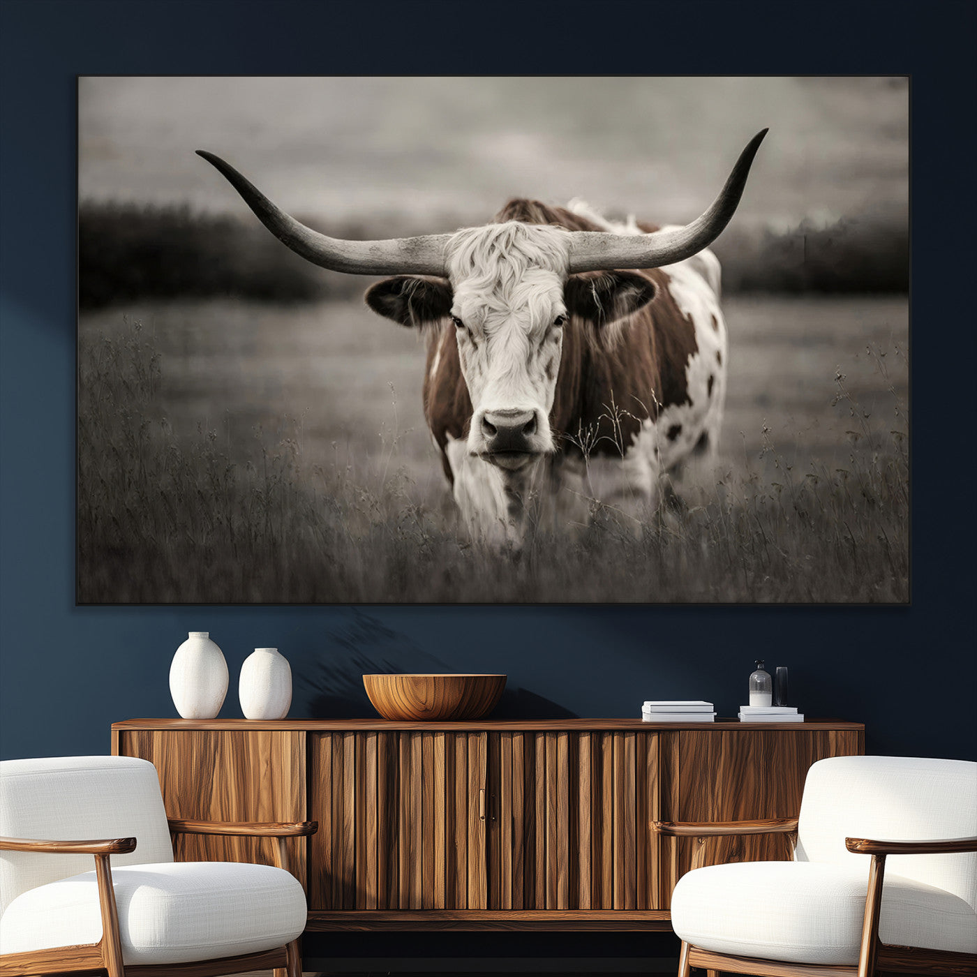 69238-SEG-FC-51X34_Oversize_Oversize-Longhorn Bull Wall Art – Rustic Black and White Texas Cattle Canvas Print, Western Farmhouse Animal Photography for Living Room,