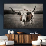 69238-SEG-FC-51X34_Oversize_Oversize-Longhorn Bull Wall Art – Rustic Black and White Texas Cattle Canvas Print, Western Farmhouse Animal Photography for Living Room,