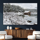 94285-MGV-CV-36X24-Snowy Cabin Wall Art Canvas Print, Framed Winter Cabin Art Picture Print, Mountain Lake Perfect Snowy Nature Decor Artwork