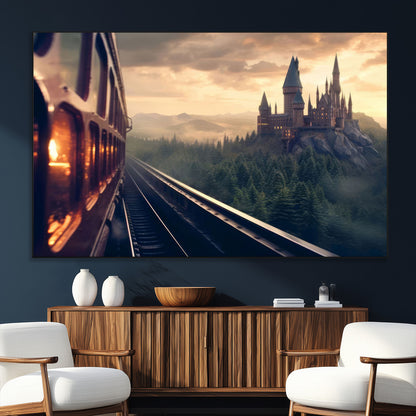 84029-MGV-CV-36X24-Fantasy Castle Wall Art – Magical Train Sunset Forest Canvas Print, Enchanted Landscape Painting Poster for Living Room, Bedroom,