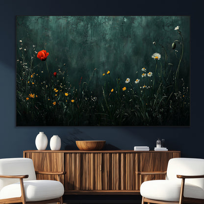 26218-MGV-CV-36X24-Wildflower Wall Art – Dark Botanical Floral Canvas Print, Modern Nature Painting Poster with Daisy Poppy Yellow Flowers for Living