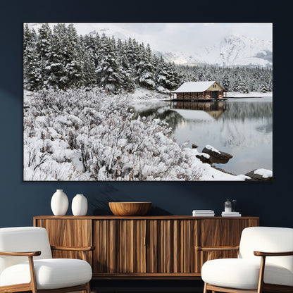 29975-SEG-FC-51X34_Oversize_Oversize-Winter Cabin by the Lake Wall Art – Snowy Mountain Landscape Canvas Print, Rustic Lodge Cabin Decor for Cozy Living Room, Bedroom
