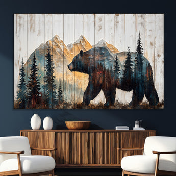 90077-MGV-CV-36X24-Wood Grizzly Bear Wall Art Canvas Print, Framed Abstract Bear Art Picture Print, Bear in Forest Perfect Rustic Lodge Decor Artwork