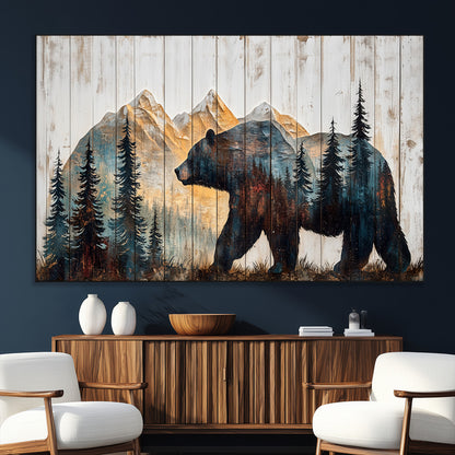 90077-MGV-CV-36X24-Wood Grizzly Bear Wall Art Canvas Print, Framed Abstract Bear Art Picture Print, Bear in Forest Perfect Rustic Lodge Decor Artwork