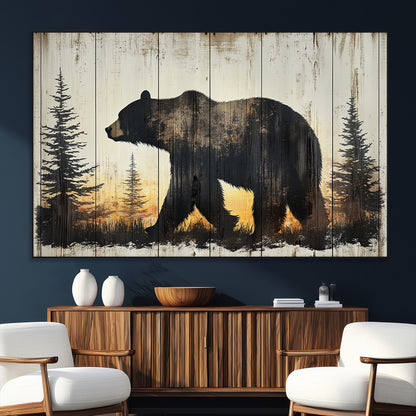 83875-MGV-CV-36X24-Sunset Bear Wall Art – Rustic Wildlife Canvas Print with Forest Silhouette, Cabin Lodge Decor for Living Room or Office