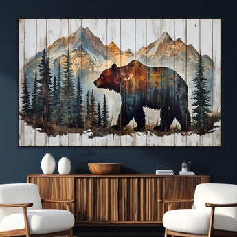 55777-MGV-CV-36X24-Rustic Bear Wall Art Canvas Print, Framed Mountain and Forest Art Picture Print, Wooden Bear Perfect Rustic Lodge Decor Artwork