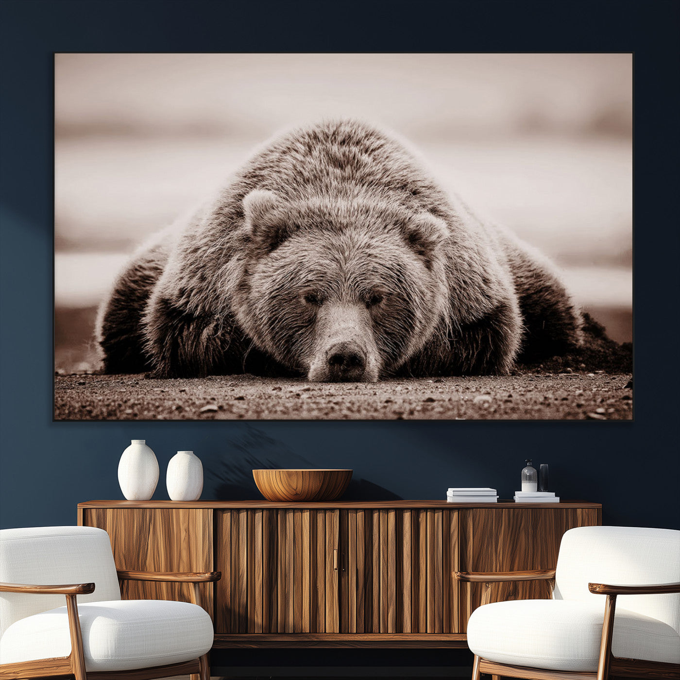 20611-SEG-FC-51X34_Oversize_Oversize-Grizzly Bear Wall Art – Majestic Wildlife Sepia Canvas Print, Rustic Nature Animal Artwork for Cabin, Lodge, Living Room, Bedroom,
